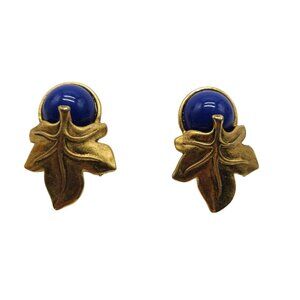 Vintage Gold Tone Leaf High End Clip On Earrings Blue Cabochon Accent 1.5 Inch